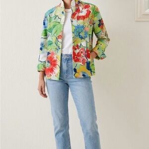Vintage Floral Watercolor Cotton Jacket - Green Multi